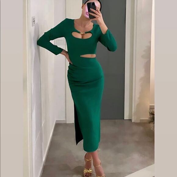 ZARA BLOGGER FAVORITE CUT OUT MIDI DRESS GREEN - Picture 2 of 13